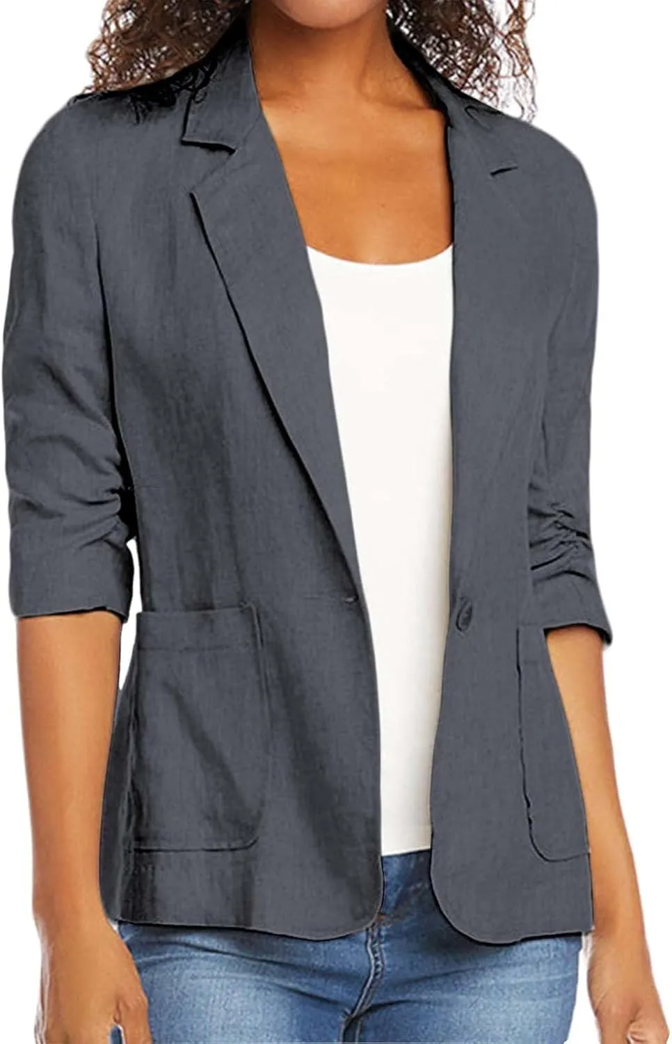 Plus Size Cotton Linen Blazers for Women Lightweight 3/4 Ruched Sleeve Casual Jackets Open Front Lapel Work Outwear