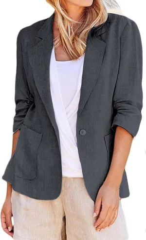 Plus Size Cotton Linen Blazers for Women Lightweight 3/4 Ruched Sleeve Casual Jackets Open Front Lapel Work Outwear