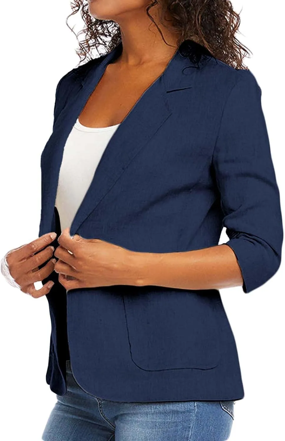 Plus Size Cotton Linen Blazers for Women Lightweight 3/4 Ruched Sleeve Casual Jackets Open Front Lapel Work Outwear