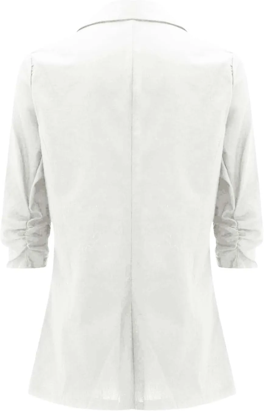 Plus Size Cotton Linen Blazers for Women Lightweight 3/4 Ruched Sleeve Casual Jackets Open Front Lapel Work Outwear