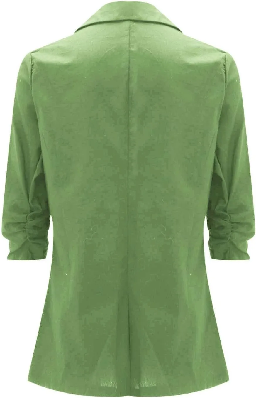 Plus Size Cotton Linen Blazers for Women Lightweight 3/4 Ruched Sleeve Casual Jackets Open Front Lapel Work Outwear