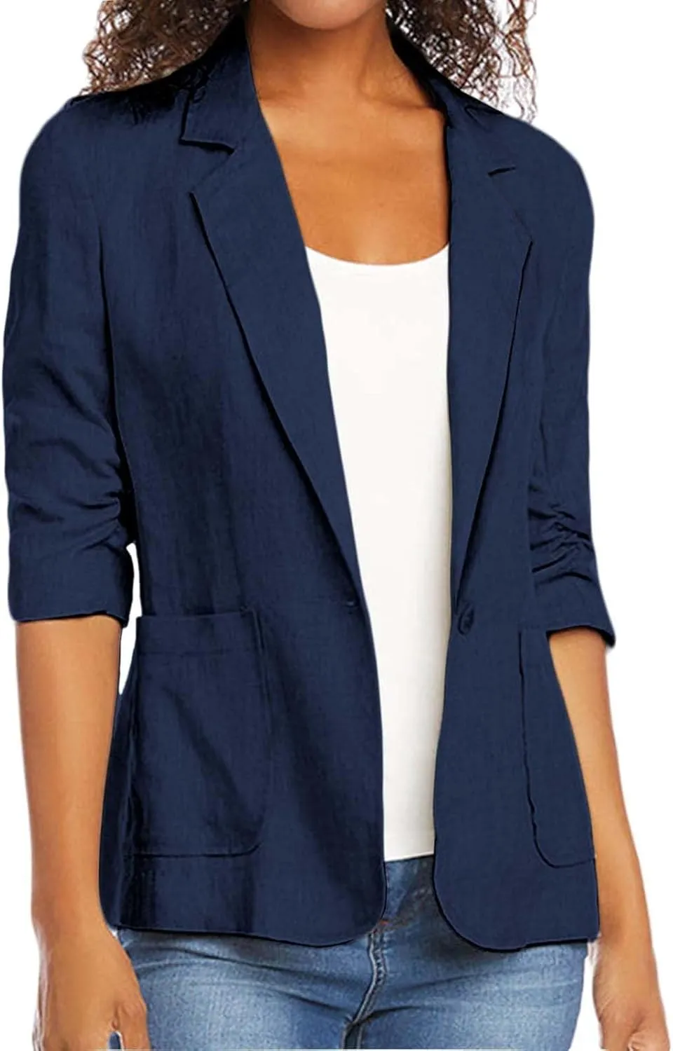 Plus Size Cotton Linen Blazers for Women Lightweight 3/4 Ruched Sleeve Casual Jackets Open Front Lapel Work Outwear