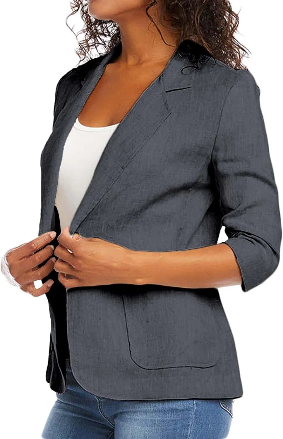 Plus Size Cotton Linen Blazers for Women Lightweight 3/4 Ruched Sleeve Casual Jackets Open Front Lapel Work Outwear