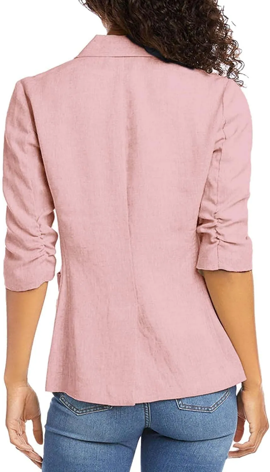 Plus Size Cotton Linen Blazers for Women Lightweight 3/4 Ruched Sleeve Casual Jackets Open Front Lapel Work Outwear