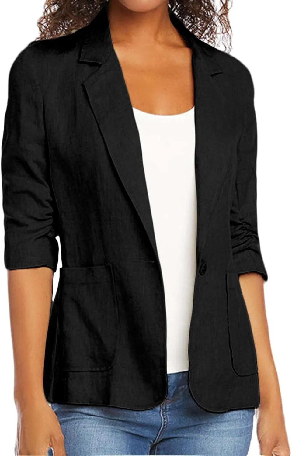Plus Size Cotton Linen Blazers for Women Lightweight 3/4 Ruched Sleeve Casual Jackets Open Front Lapel Work Outwear