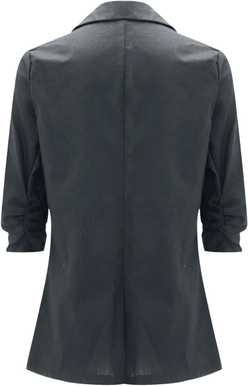 Plus Size Cotton Linen Blazers for Women Lightweight 3/4 Ruched Sleeve Casual Jackets Open Front Lapel Work Outwear