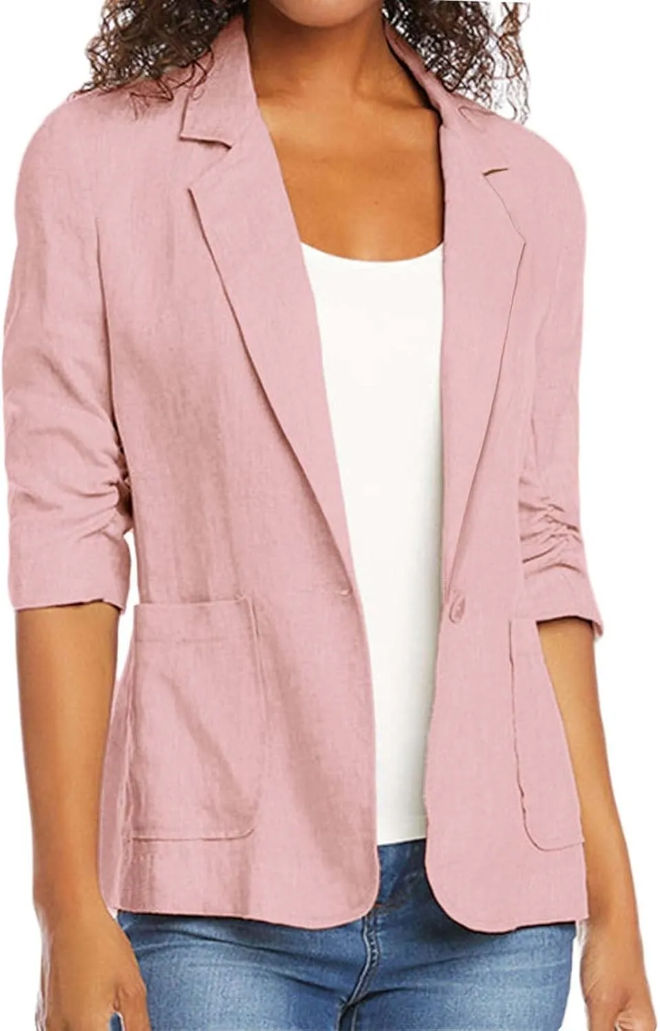 Plus Size Cotton Linen Blazers for Women Lightweight 3/4 Ruched Sleeve Casual Jackets Open Front Lapel Work Outwear