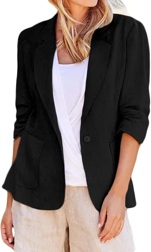 Plus Size Cotton Linen Blazers for Women Lightweight 3/4 Ruched Sleeve Casual Jackets Open Front Lapel Work Outwear