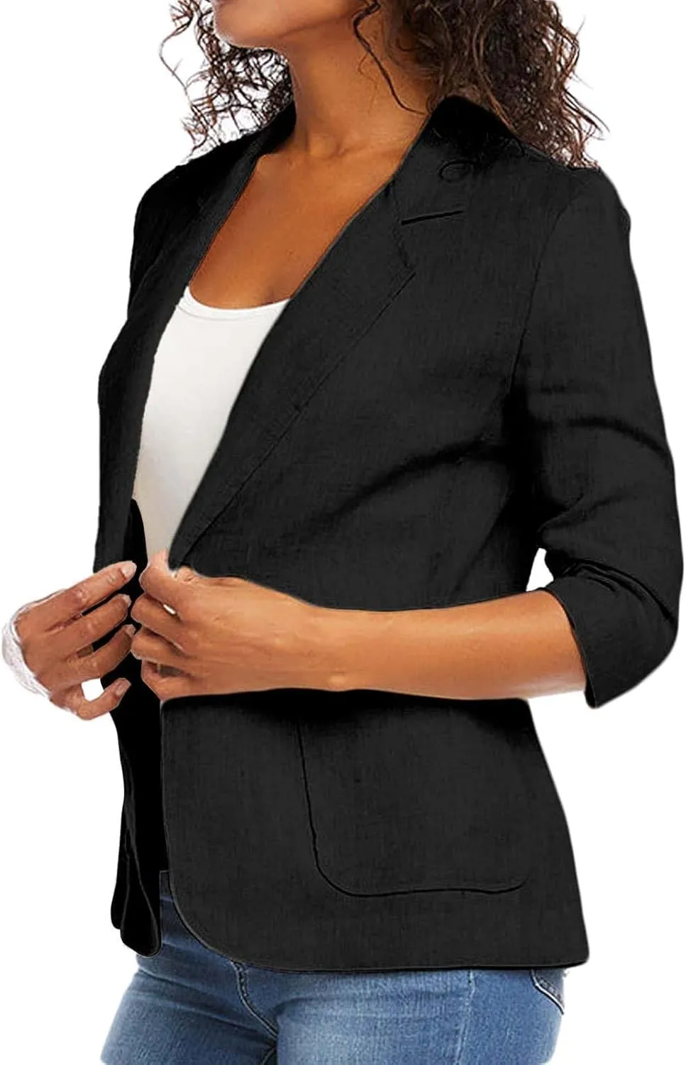 Plus Size Cotton Linen Blazers for Women Lightweight 3/4 Ruched Sleeve Casual Jackets Open Front Lapel Work Outwear