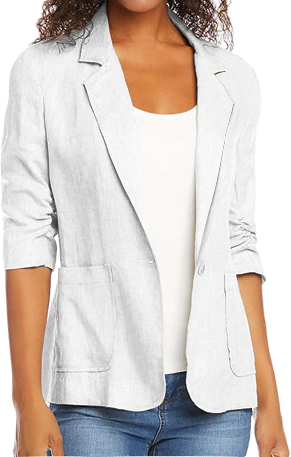 Plus Size Cotton Linen Blazers for Women Lightweight 3/4 Ruched Sleeve Casual Jackets Open Front Lapel Work Outwear