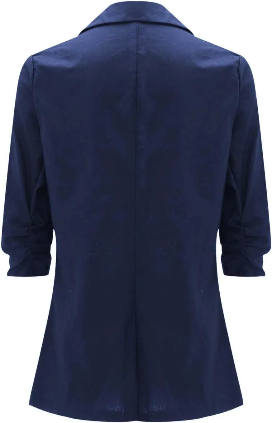 Plus Size Cotton Linen Blazers for Women Lightweight 3/4 Ruched Sleeve Casual Jackets Open Front Lapel Work Outwear