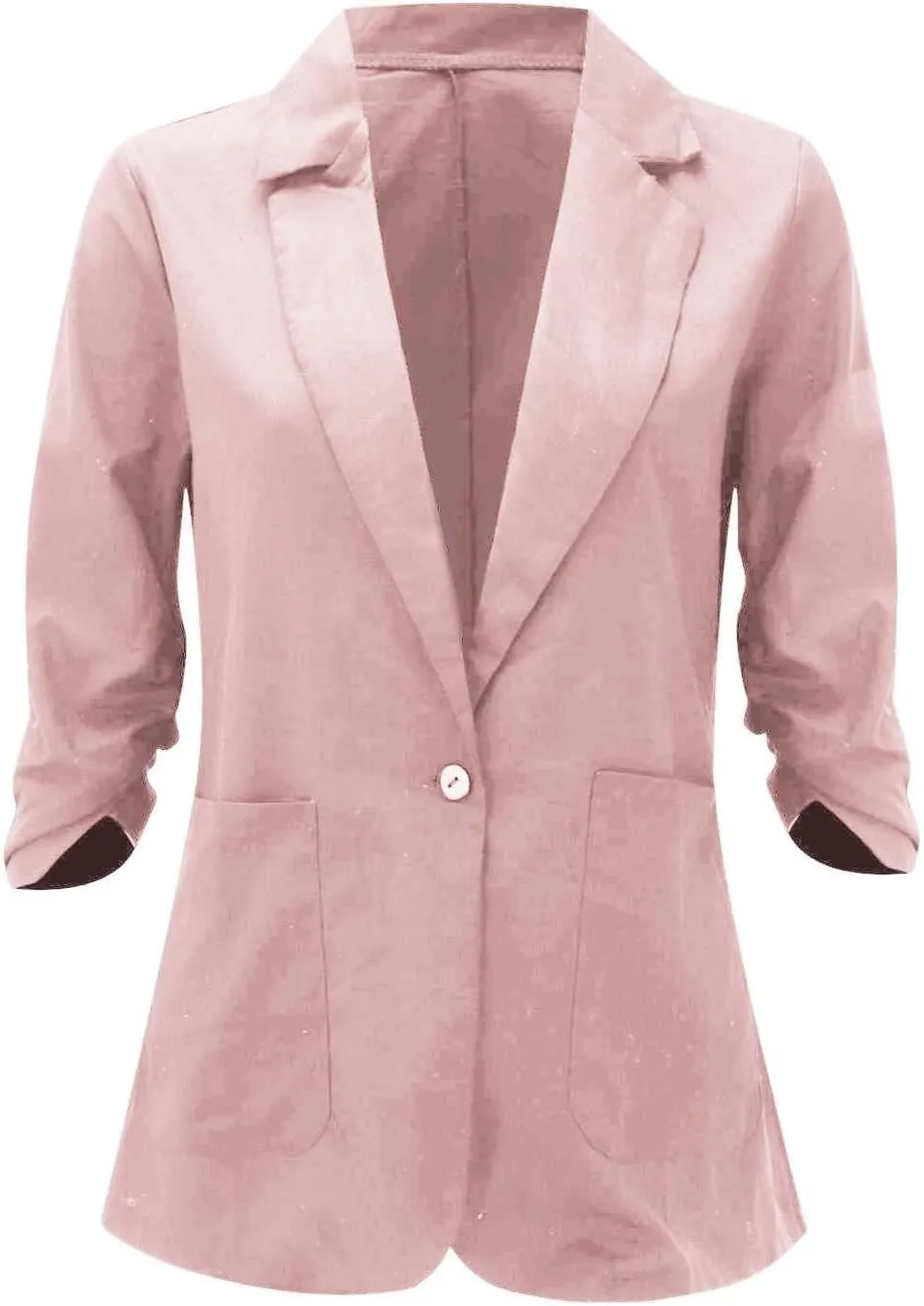 Plus Size Cotton Linen Blazers for Women Lightweight 3/4 Ruched Sleeve Casual Jackets Open Front Lapel Work Outwear