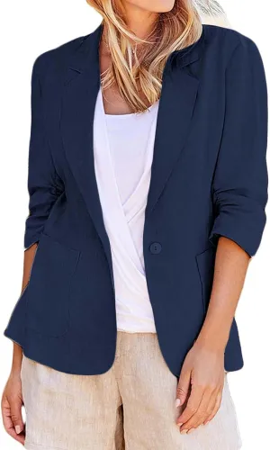Plus Size Cotton Linen Blazers for Women Lightweight 3/4 Ruched Sleeve Casual Jackets Open Front Lapel Work Outwear
