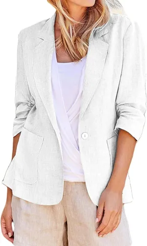 Plus Size Cotton Linen Blazers for Women Lightweight 3/4 Ruched Sleeve Casual Jackets Open Front Lapel Work Outwear