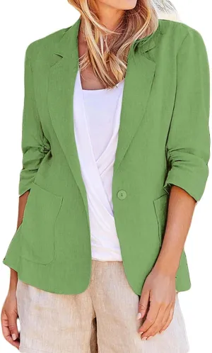 Plus Size Cotton Linen Blazers for Women Lightweight 3/4 Ruched Sleeve Casual Jackets Open Front Lapel Work Outwear