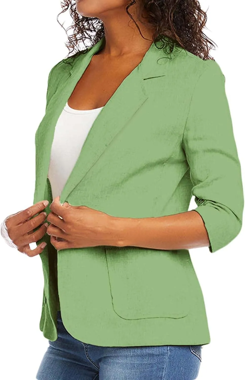 Plus Size Cotton Linen Blazers for Women Lightweight 3/4 Ruched Sleeve Casual Jackets Open Front Lapel Work Outwear