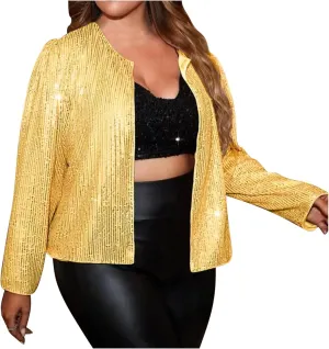 Plus Size Sequin Jacket Women Fashion Sparkle Cardigan Coat Long Sleeve Glitter Jackets Sparkly Blazer for Party