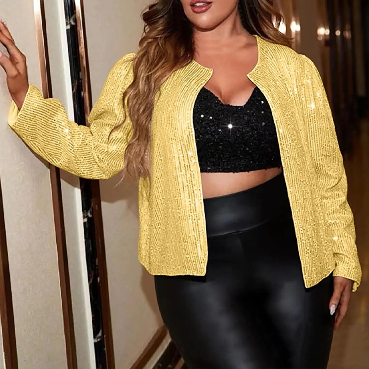 Plus Size Sequin Jacket Women Fashion Sparkle Cardigan Coat Long Sleeve Glitter Jackets Sparkly Blazer for Party