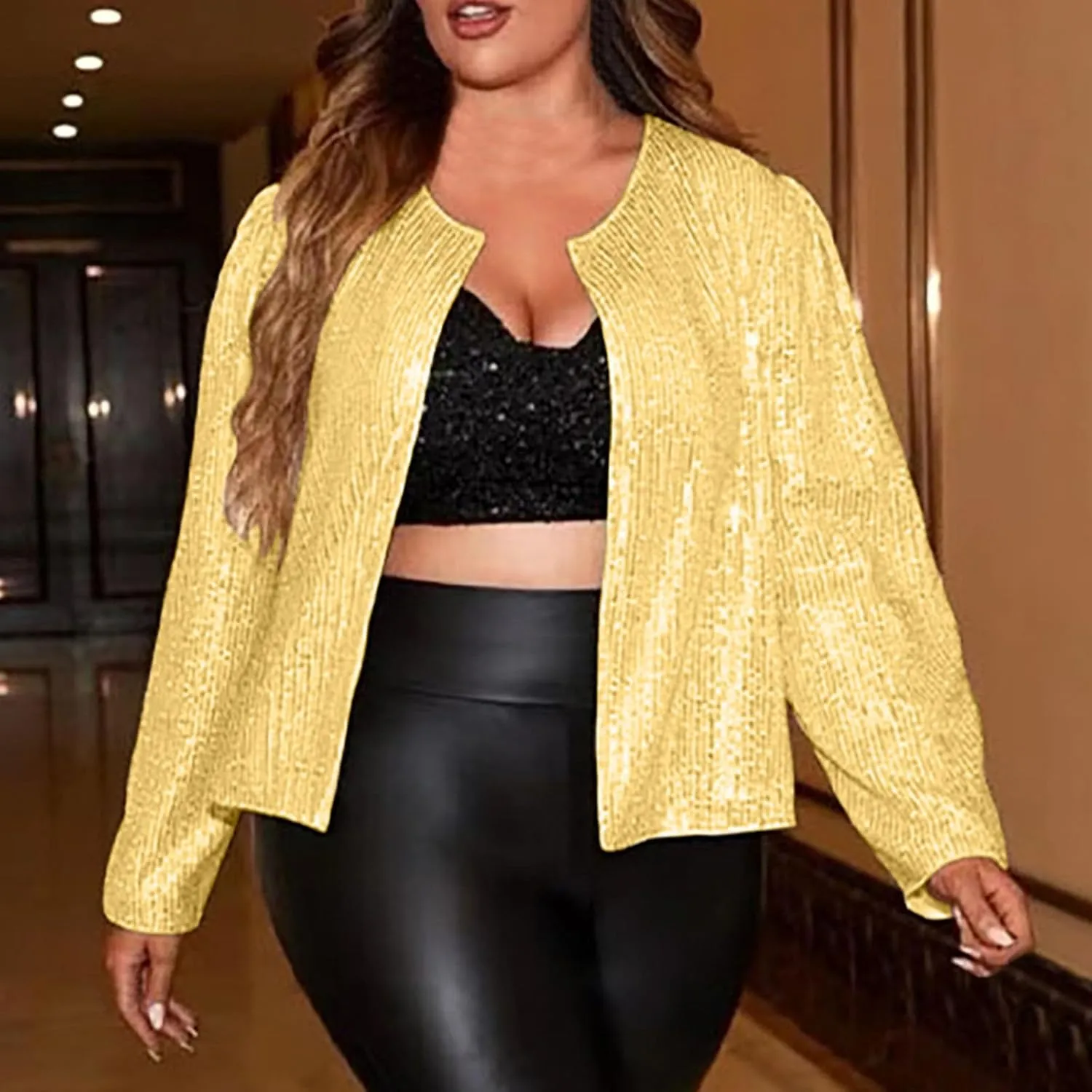 Plus Size Sequin Jacket Women Fashion Sparkle Cardigan Coat Long Sleeve Glitter Jackets Sparkly Blazer for Party