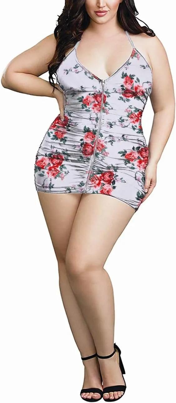 Plus Size Sheer Stretch Mesh Babydoll Dress Zipper Shirring Halter Chemise Curvy Sexy Lingerie for Women