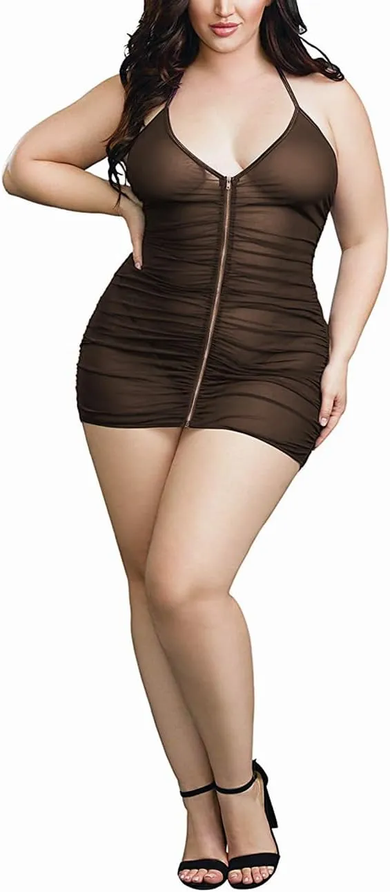 Plus Size Sheer Stretch Mesh Babydoll Dress Zipper Shirring Halter Chemise Curvy Sexy Lingerie for Women