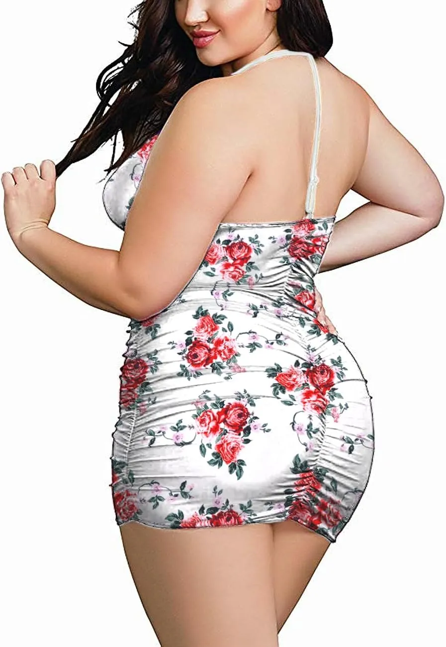 Plus Size Sheer Stretch Mesh Babydoll Dress Zipper Shirring Halter Chemise Curvy Sexy Lingerie for Women