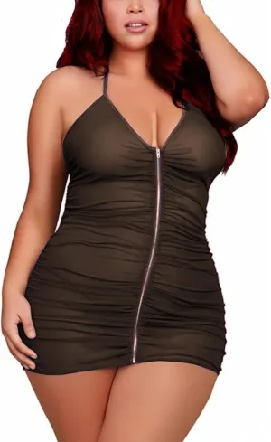 Plus Size Sheer Stretch Mesh Babydoll Dress Zipper Shirring Halter Chemise Curvy Sexy Lingerie for Women