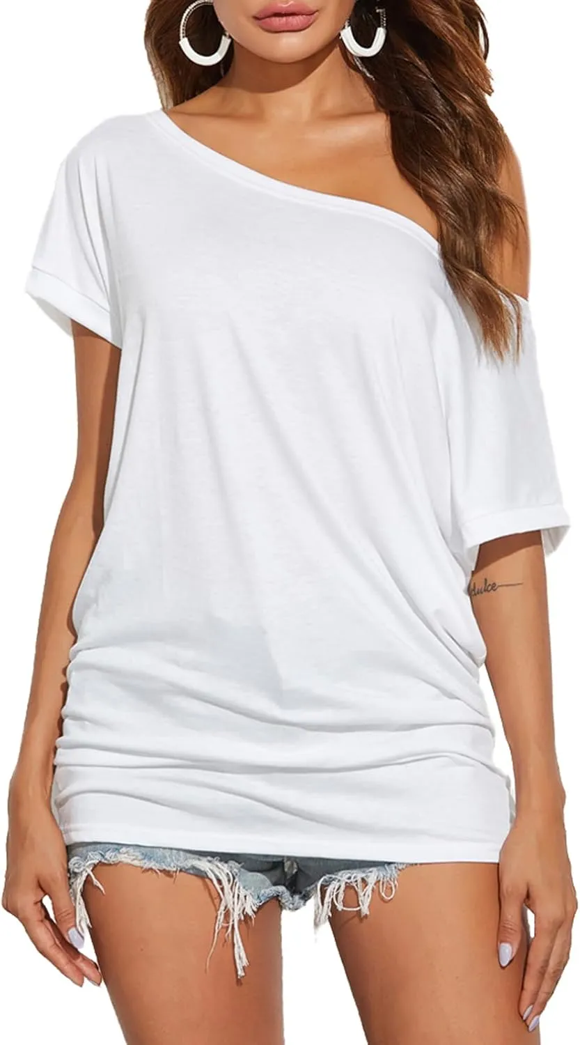 Poetsky Women's Summer Off Shoulder Shirts Casual Loose Short Sleeve Tunics Tops