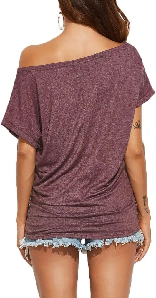 Poetsky Women's Summer Off Shoulder Shirts Casual Loose Short Sleeve Tunics Tops