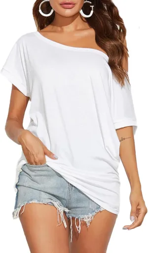 Poetsky Women's Summer Off Shoulder Shirts Casual Loose Short Sleeve Tunics Tops