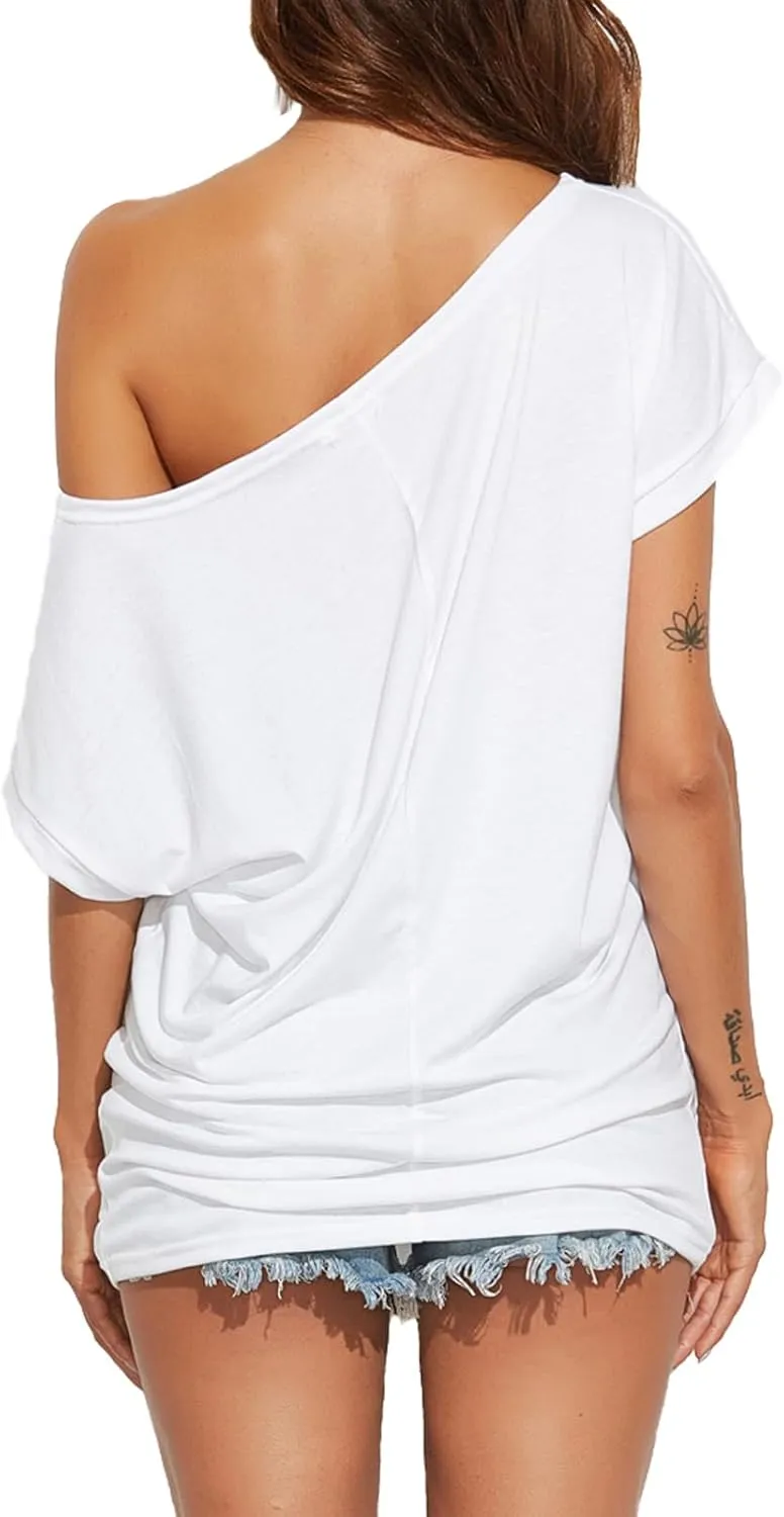 Poetsky Women's Summer Off Shoulder Shirts Casual Loose Short Sleeve Tunics Tops