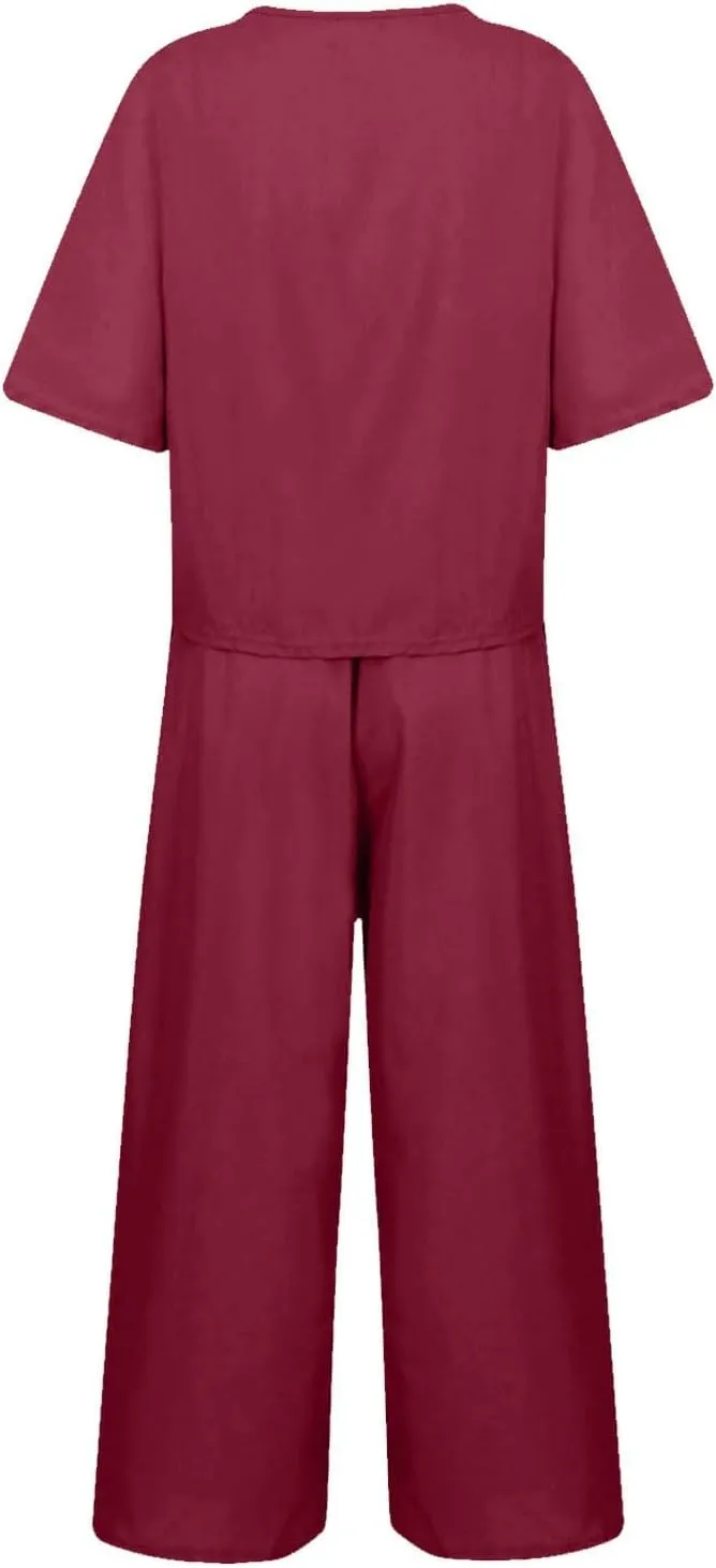 PTOLOCIF 2 Piece Outfits for Women Summer Cotton Linen Casual Matching Set Short Sleeve T Shirts and Capri Pants with Pockets