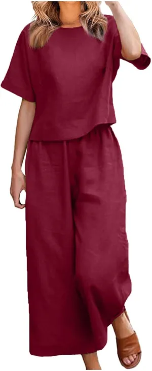 PTOLOCIF 2 Piece Outfits for Women Summer Cotton Linen Casual Matching Set Short Sleeve T Shirts and Capri Pants with Pockets