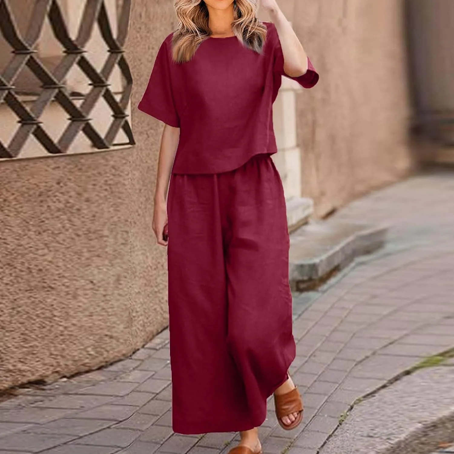 PTOLOCIF 2 Piece Outfits for Women Summer Cotton Linen Casual Matching Set Short Sleeve T Shirts and Capri Pants with Pockets