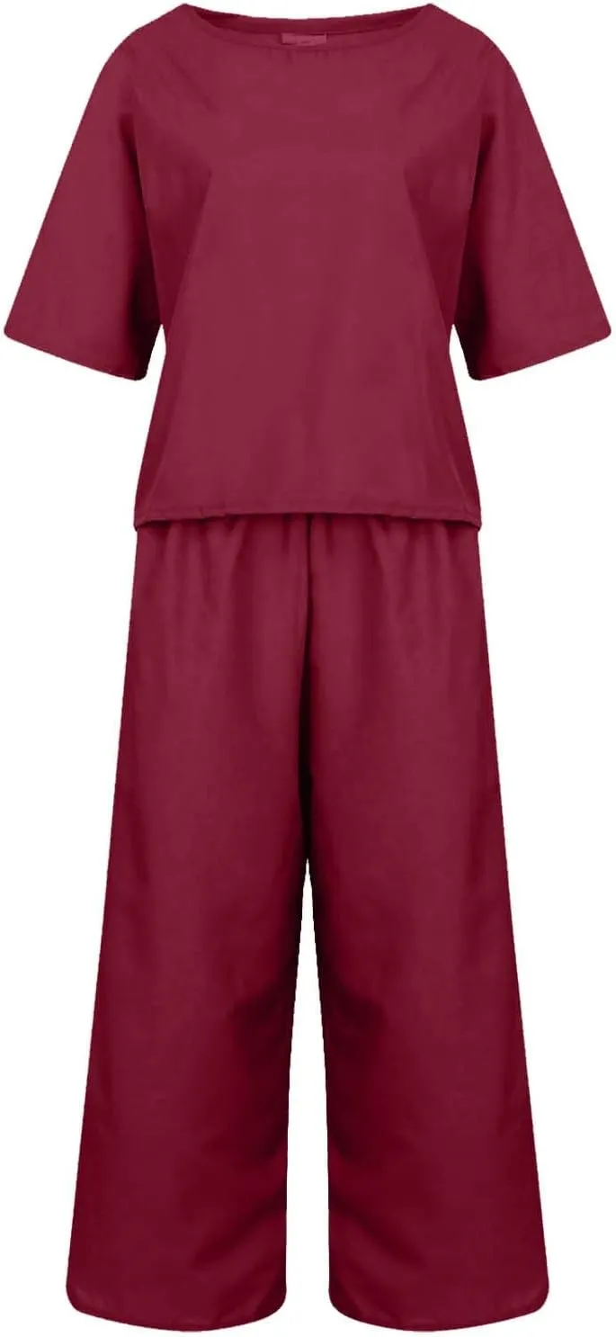 PTOLOCIF 2 Piece Outfits for Women Summer Cotton Linen Casual Matching Set Short Sleeve T Shirts and Capri Pants with Pockets