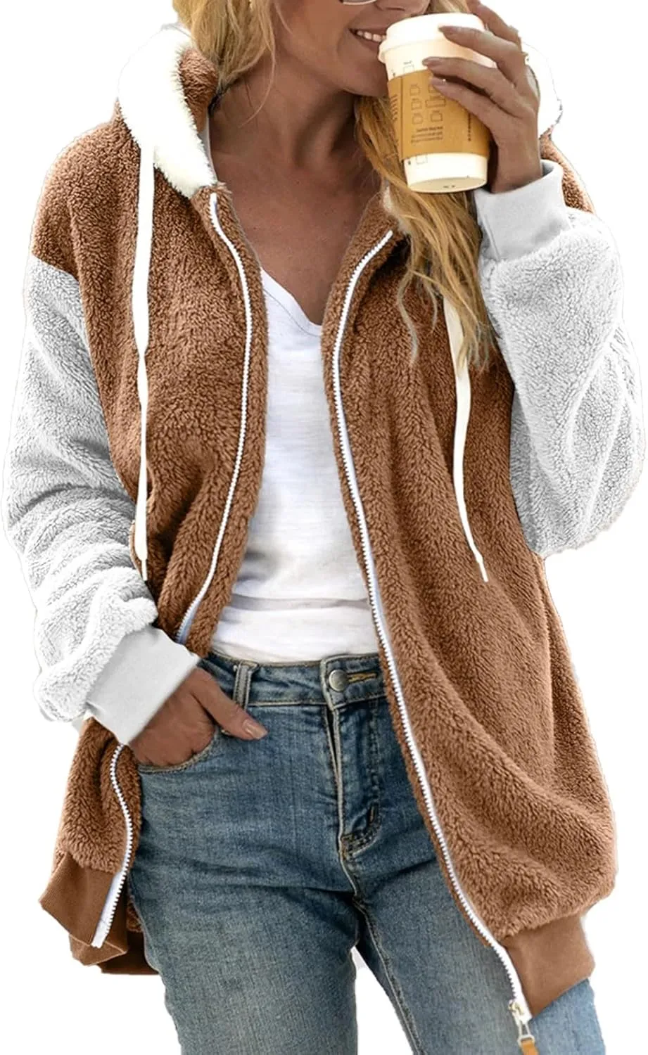 QWENTMTNTY Fuzzy Jackets for Women Zip Up Dressy Winter Coat Comfort Jackets Winter Jackets Plus Size Fleece Lined Jacket