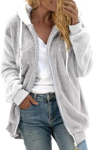 QWENTMTNTY Fuzzy Jackets for Women Zip Up Dressy Winter Coat Comfort Jackets Winter Jackets Plus Size Fleece Lined Jacket