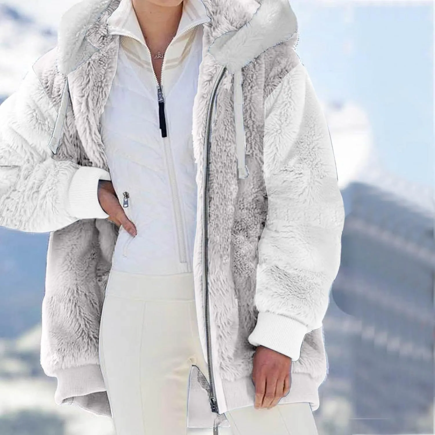 QWENTMTNTY Fuzzy Jackets for Women Zip Up Dressy Winter Coat Comfort Jackets Winter Jackets Plus Size Fleece Lined Jacket