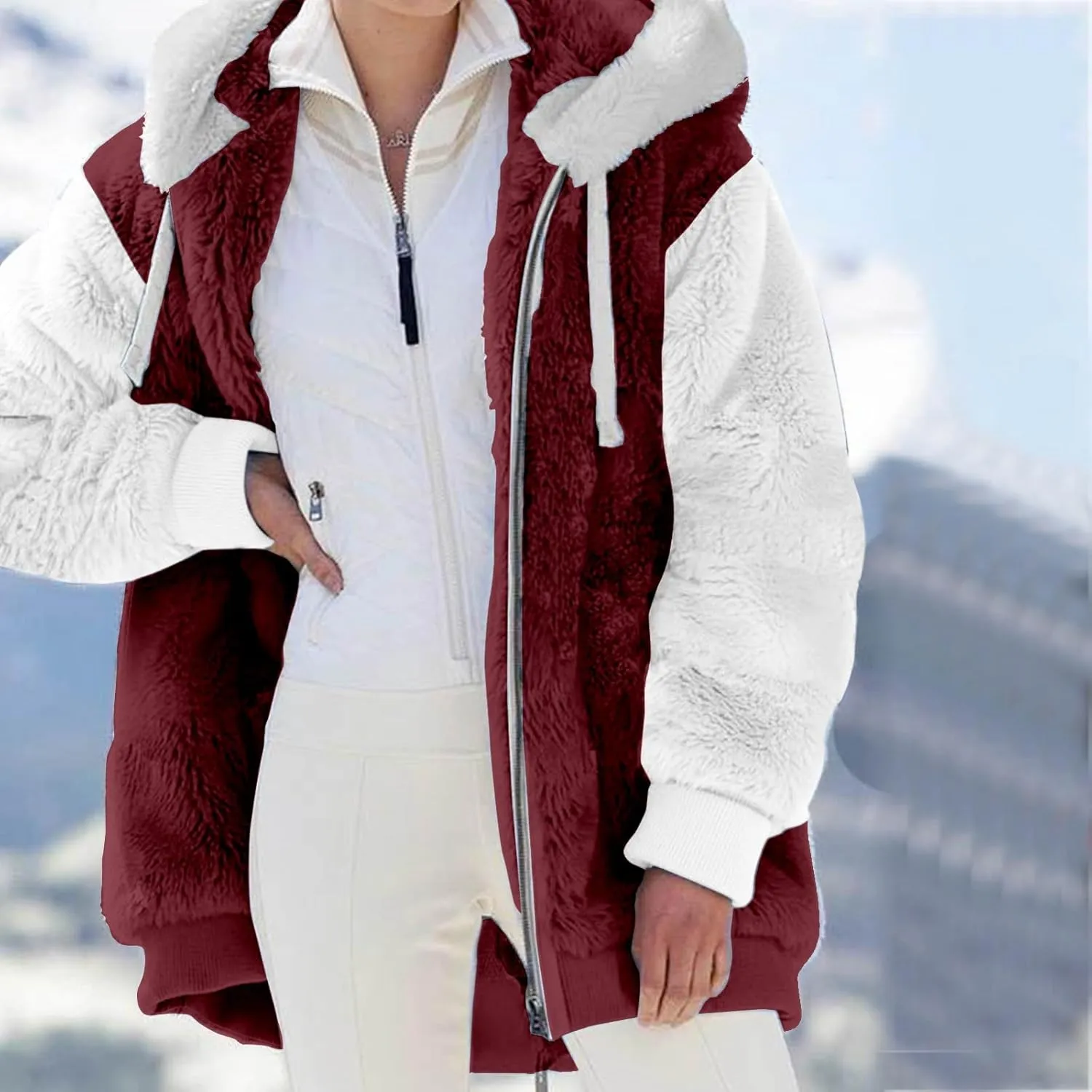 QWENTMTNTY Fuzzy Jackets for Women Zip Up Dressy Winter Coat Comfort Jackets Winter Jackets Plus Size Fleece Lined Jacket