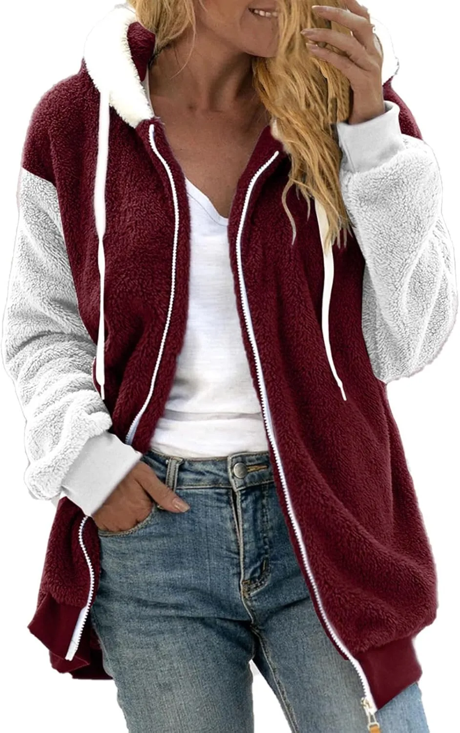 QWENTMTNTY Fuzzy Jackets for Women Zip Up Dressy Winter Coat Comfort Jackets Winter Jackets Plus Size Fleece Lined Jacket