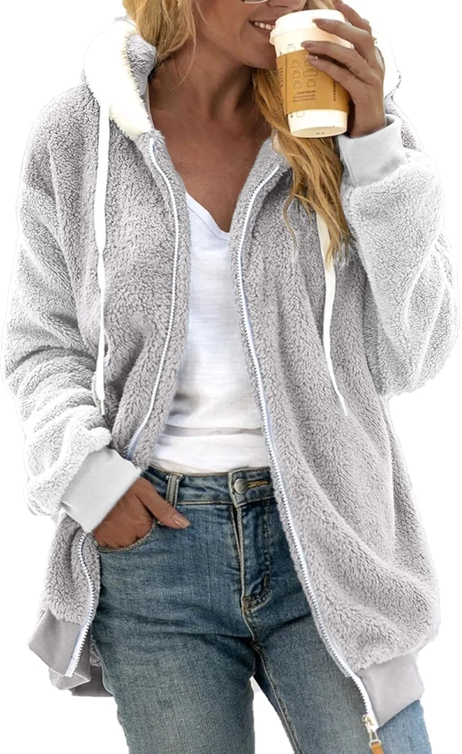 QWENTMTNTY Fuzzy Jackets for Women Zip Up Dressy Winter Coat Comfort Jackets Winter Jackets Plus Size Fleece Lined Jacket