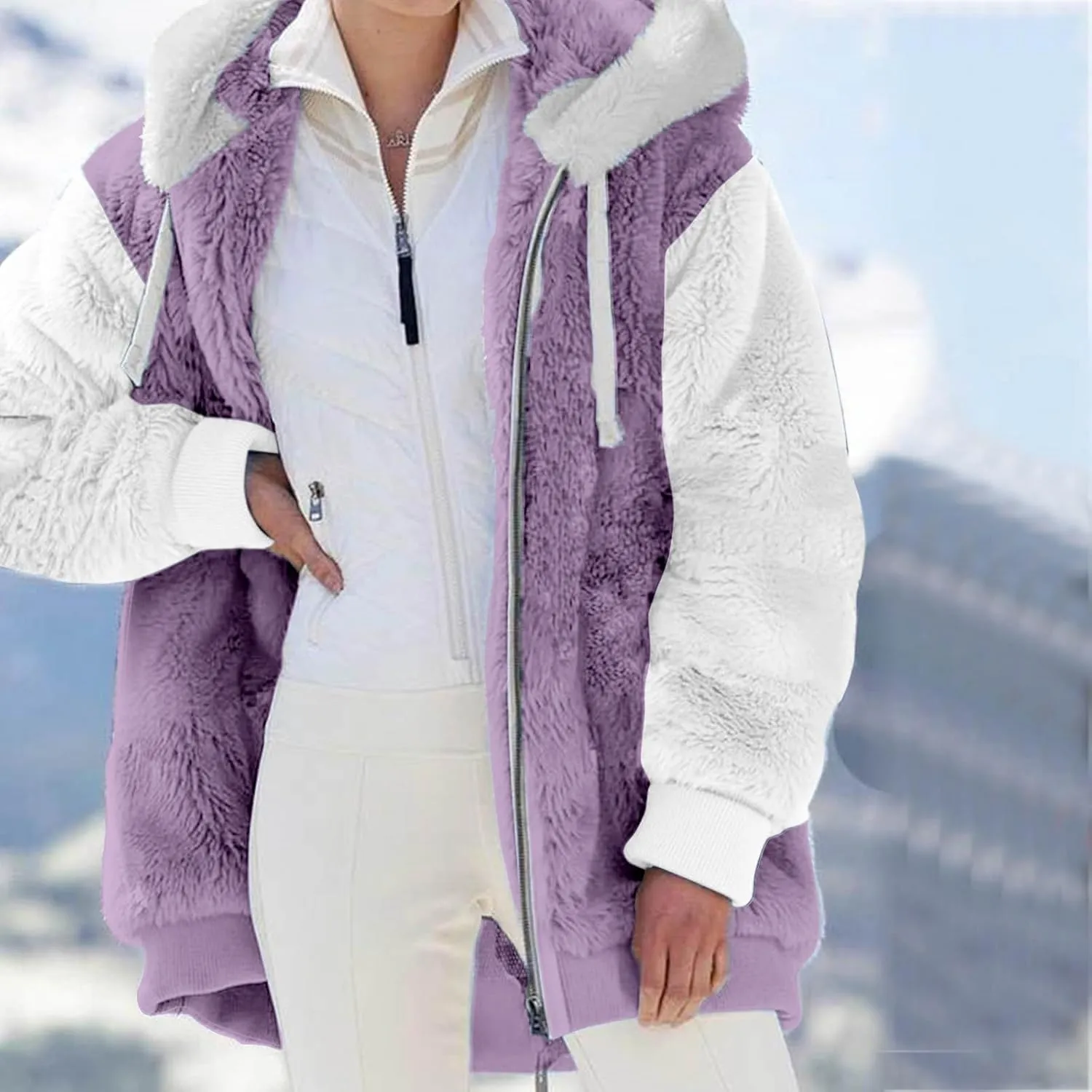 QWENTMTNTY Fuzzy Jackets for Women Zip Up Dressy Winter Coat Comfort Jackets Winter Jackets Plus Size Fleece Lined Jacket