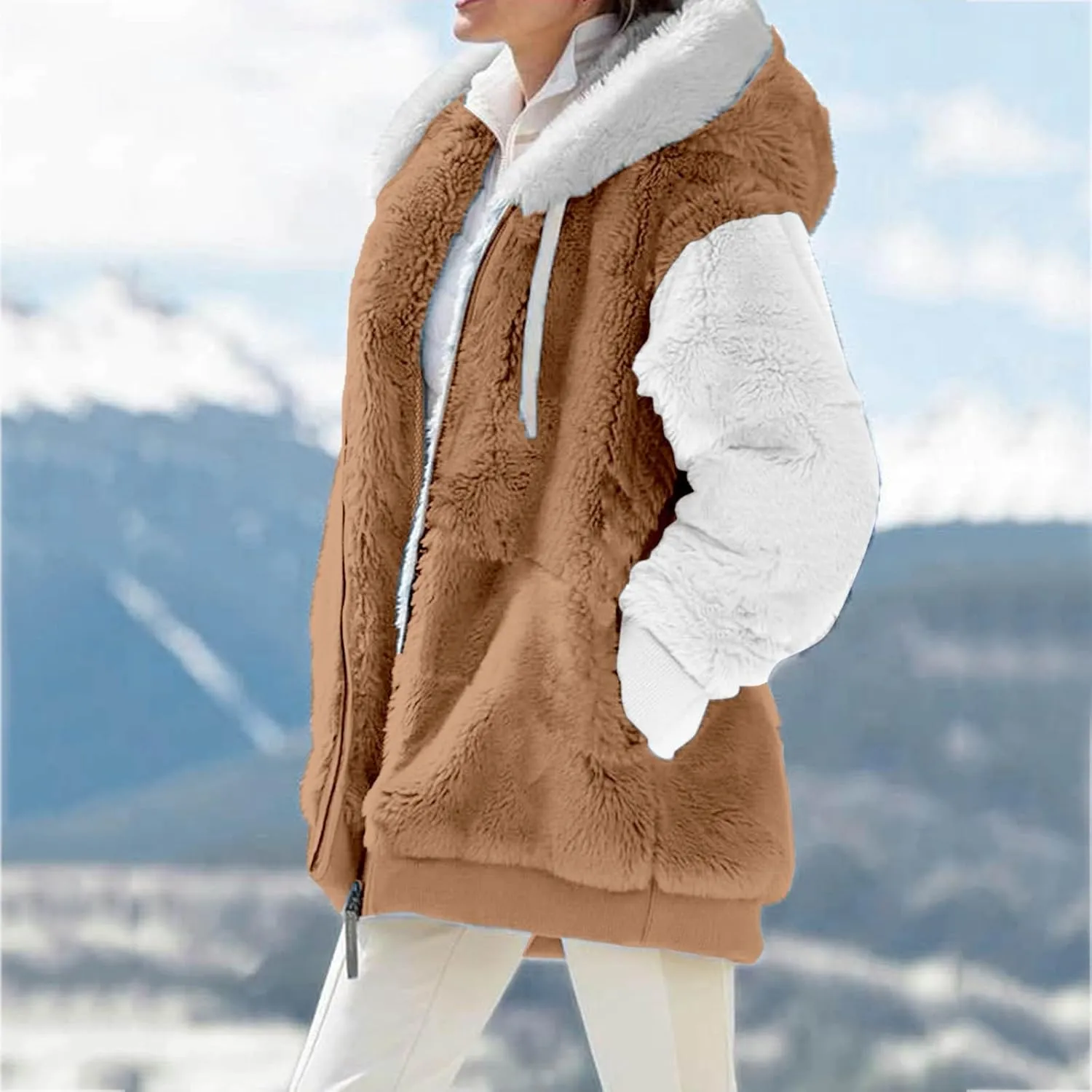 QWENTMTNTY Fuzzy Jackets for Women Zip Up Dressy Winter Coat Comfort Jackets Winter Jackets Plus Size Fleece Lined Jacket