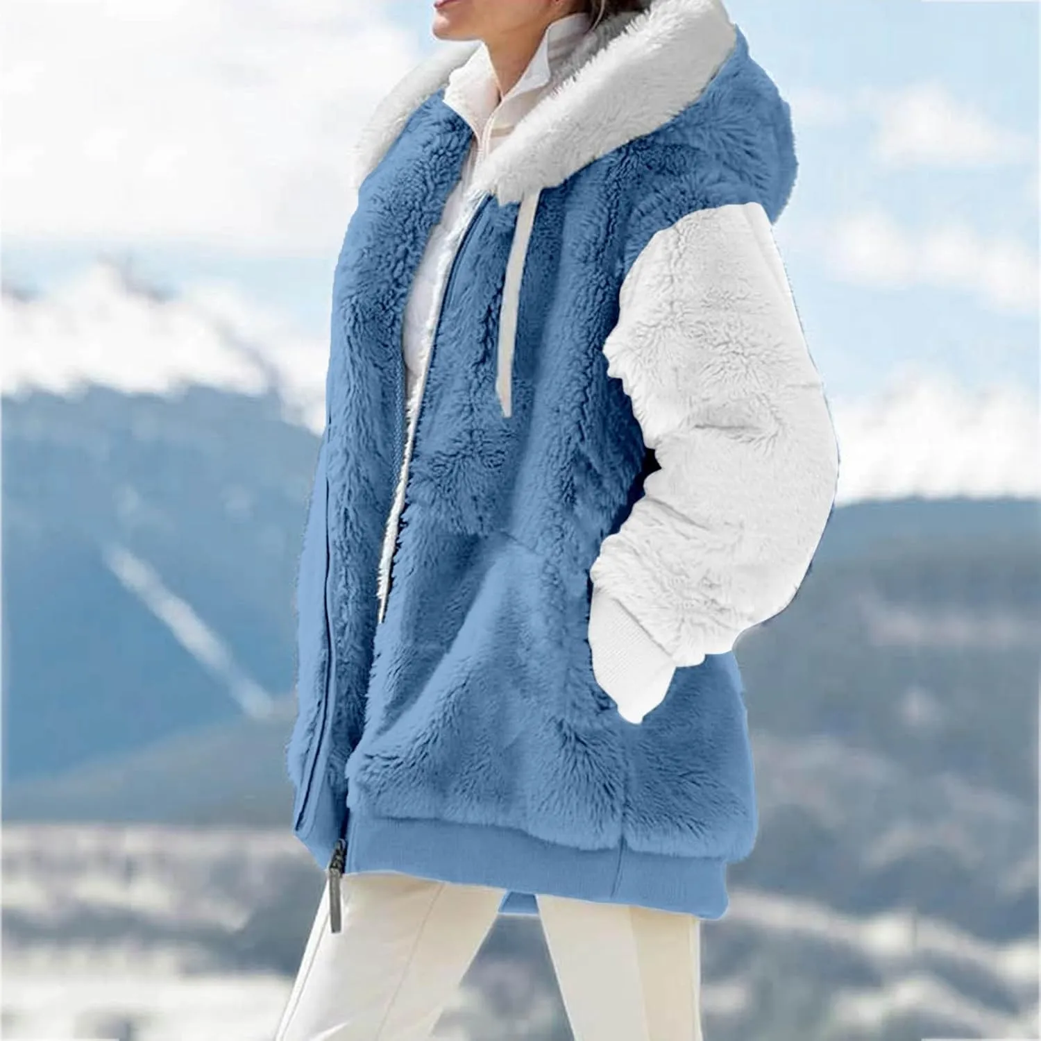 QWENTMTNTY Fuzzy Jackets for Women Zip Up Dressy Winter Coat Comfort Jackets Winter Jackets Plus Size Fleece Lined Jacket