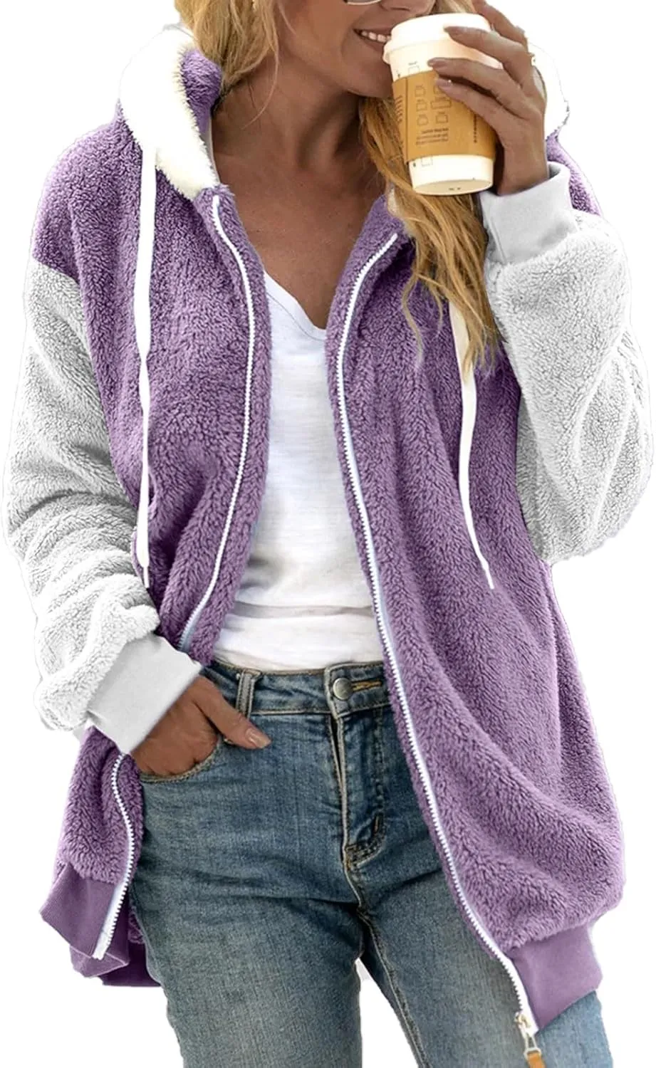QWENTMTNTY Fuzzy Jackets for Women Zip Up Dressy Winter Coat Comfort Jackets Winter Jackets Plus Size Fleece Lined Jacket