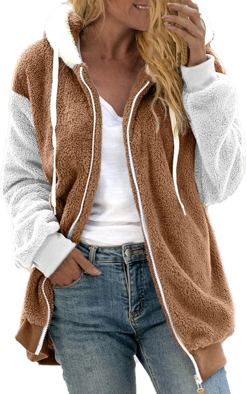 QWENTMTNTY Fuzzy Jackets for Women Zip Up Dressy Winter Coat Comfort Jackets Winter Jackets Plus Size Fleece Lined Jacket
