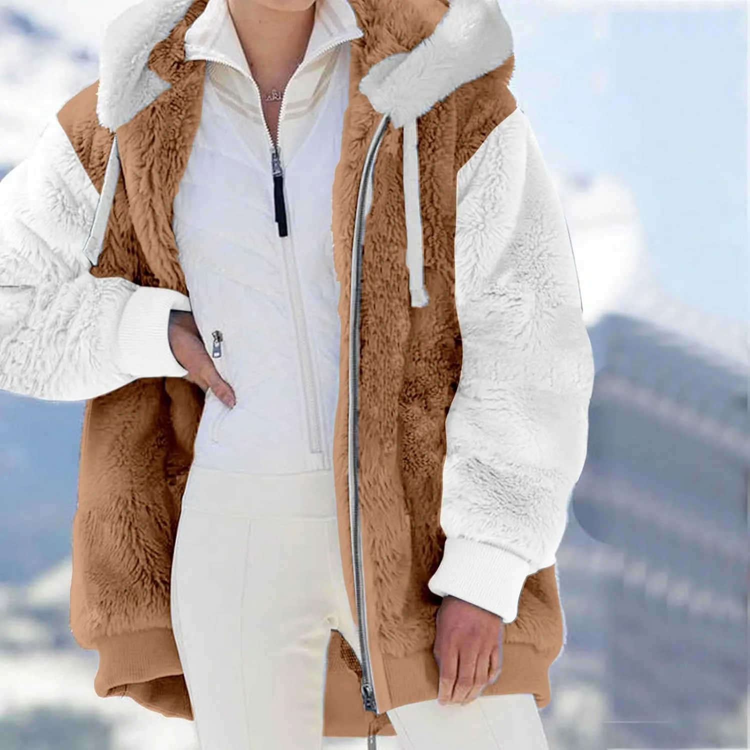 QWENTMTNTY Fuzzy Jackets for Women Zip Up Dressy Winter Coat Comfort Jackets Winter Jackets Plus Size Fleece Lined Jacket