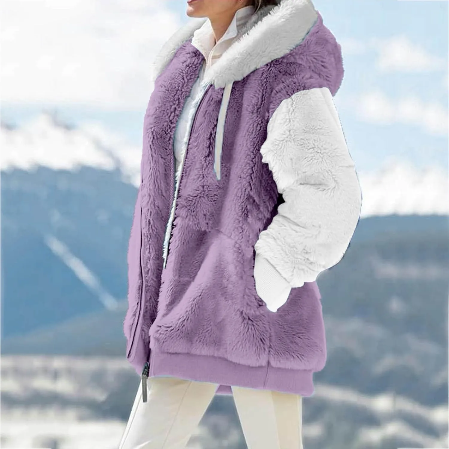 QWENTMTNTY Fuzzy Jackets for Women Zip Up Dressy Winter Coat Comfort Jackets Winter Jackets Plus Size Fleece Lined Jacket