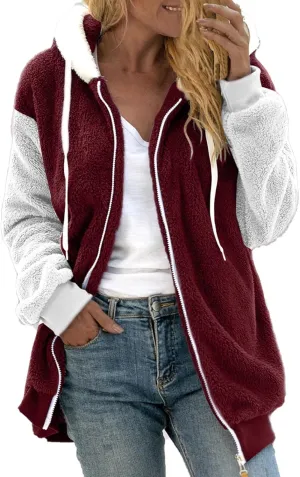 QWENTMTNTY Fuzzy Jackets for Women Zip Up Dressy Winter Coat Comfort Jackets Winter Jackets Plus Size Fleece Lined Jacket