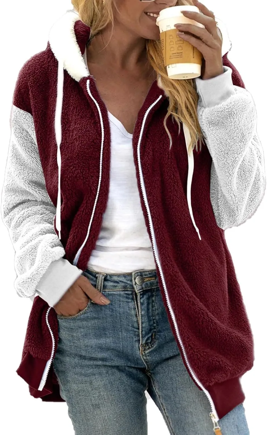 QWENTMTNTY Fuzzy Jackets for Women Zip Up Dressy Winter Coat Comfort Jackets Winter Jackets Plus Size Fleece Lined Jacket